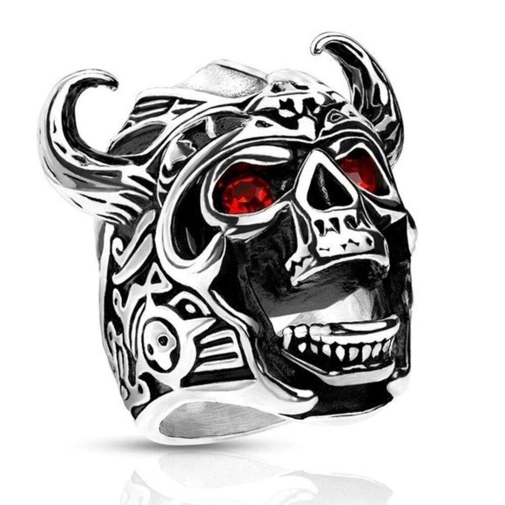 Men's New Viking 316L Stainless Steel Skull biker Ring Red Gem Eyes size 9